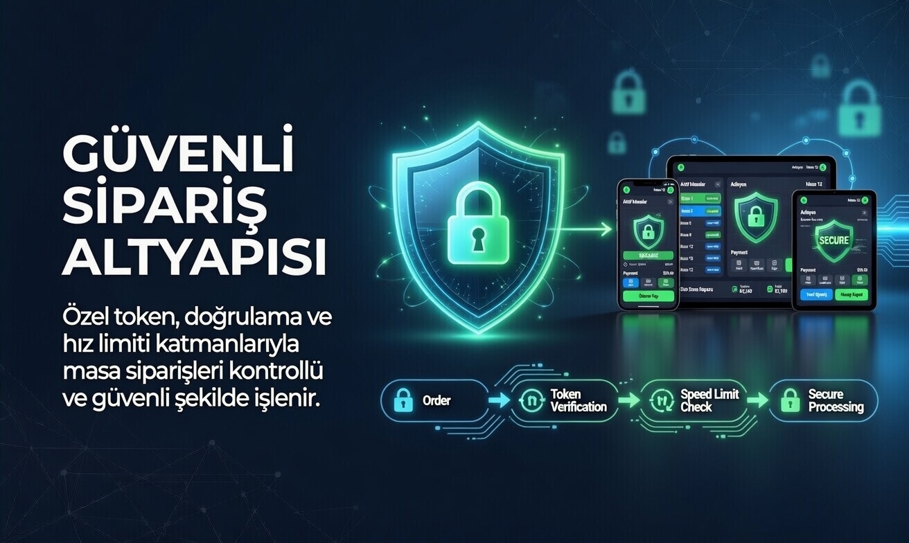 Güvenli Sipariş Altyapısı Özel token, doğrulama ve hız limiti katmanlarıyla masa siparişleri kontrollü ve güvenli şekilde işlenir.