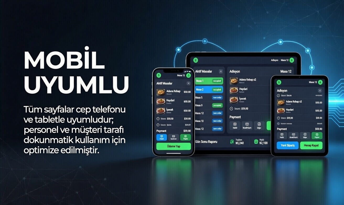 Mobil Uyumlu Tüm sayfalar cep telefonu ve tabletle uyumludur; personel ve müşteri tarafı dokunmatik kullanım için optimize edilmiştir.