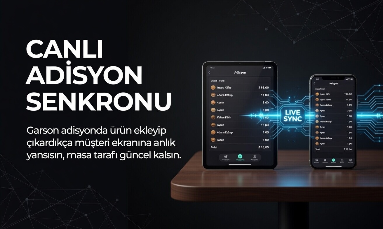 Canlı Adisyon Senkronu Garson adisyonda ürün ekleyip çıkardıkça müşteri ekranına anlık yansısın, masa tarafı güncel kalsın.